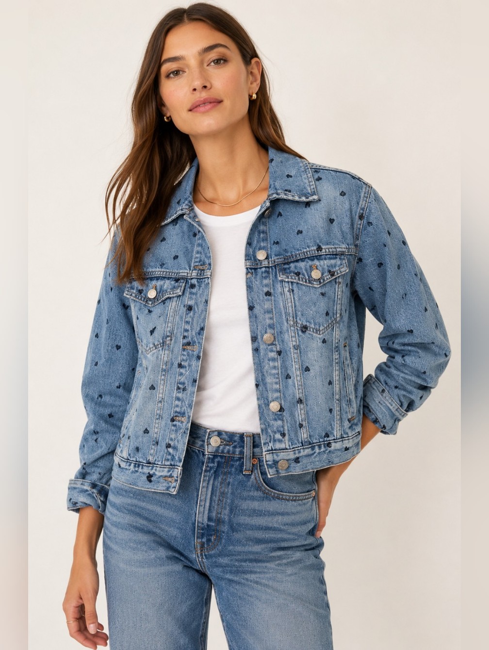 Madewell Boxy-Crop Heart Print Denim Jacket Xxs Blue Cotton Trucker Jacket